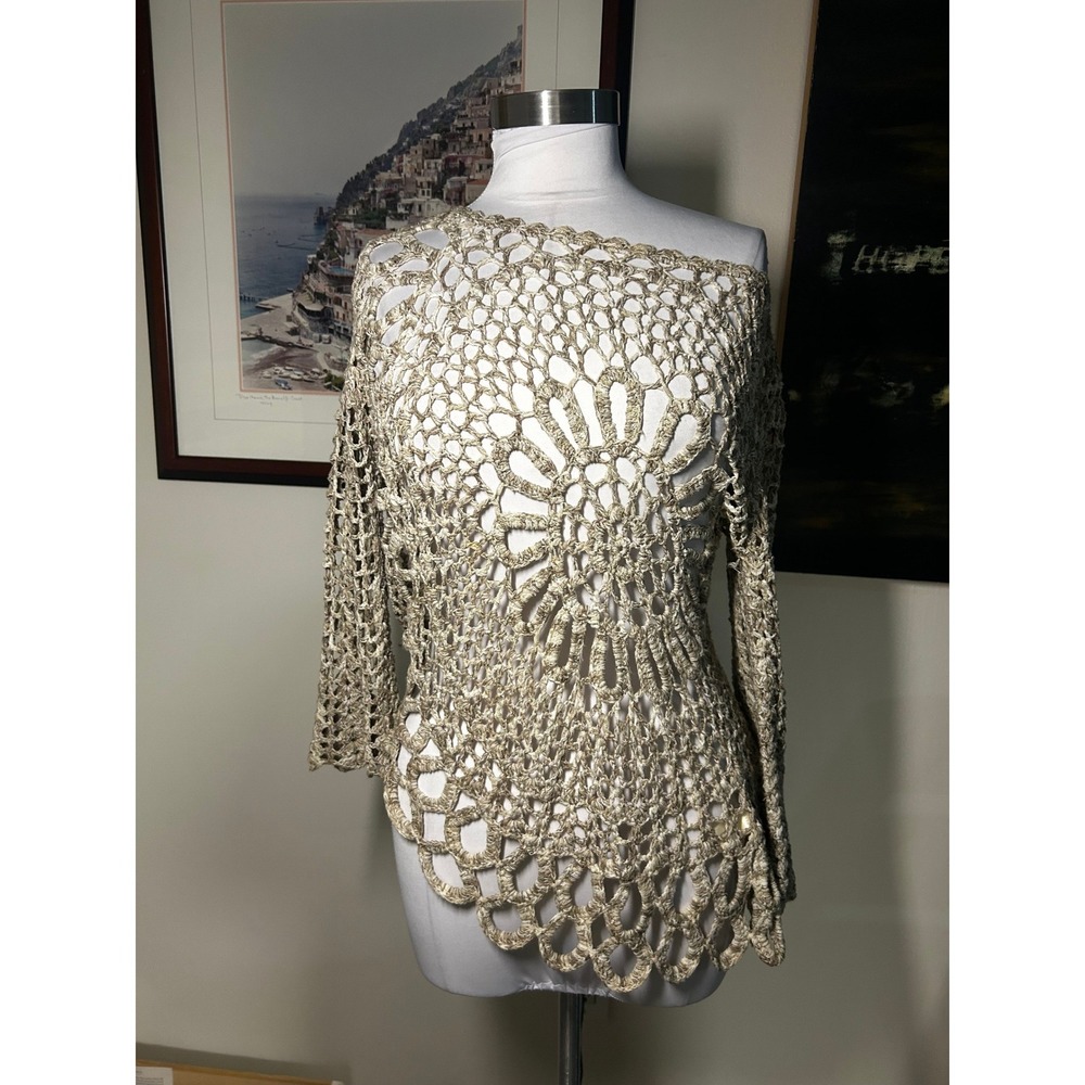 Boston Proper Womens XS Crochet One Shoulder Top Metallic Beige Open Knit Boho